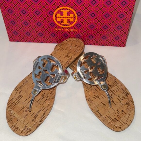 New Tory Burch Metallic Silver Patent leather Cork Miller Sandals Size 8.5 - Picture 12 of 14